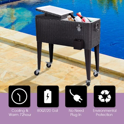 Costway Outdoor Rattan 80QT Party Portable Rolling Cooler Cart Ice Beer Beverage Chest - Image 4
