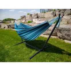 The Hamptons Collection 110” Blue Striped Brazilian Style Hammock With A Steel Hammock Stand