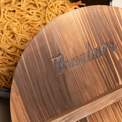 Bruntmor 14" Enameled Cast Iron Wok Nonstick Skillet Pan With Wooden Pot Lid Cover - Black - Image 3