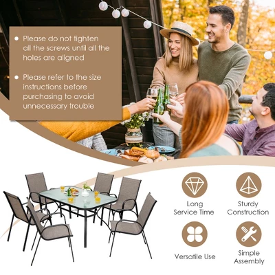 Costway 7PCS Patio Dining Set 6 Stackable Chairs Glass Table Umbrella Hole Yard - Image 5