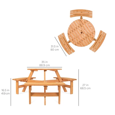 Best Choice Products 6-Person Circular Outdoor Wooden Picnic Table W/ 3 Built-In Benches, Umbrella Hole - Image 6