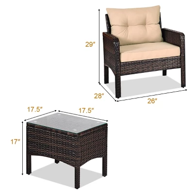 Costway 3PCS Patio Rattan Conversation Set Cushioned Sofa Chair For Garden - Image 3
