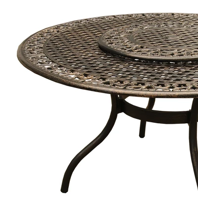 59" Round Ornate Traditional Outdoor Mesh Lattice Aluminum Dining Table With Lazy Susan - Bronze - Oakland Living - Image 5