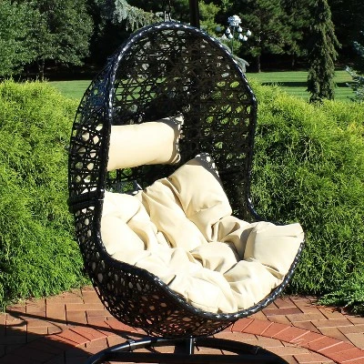 Sunnydaze Decor Sunnydaze Outdoor Resin Wicker Patio Lauren Hanging Basket Egg Chair Swing With Cushions And Headrest - Beige - 2pc