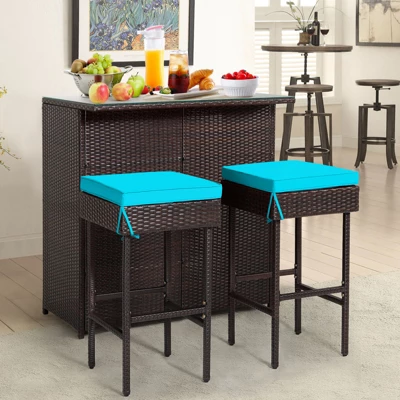 Tangkula 3PCS Patio Wicker Rattan Bar Set Table W/2 Turquoise Cushioned Stools - Image 2