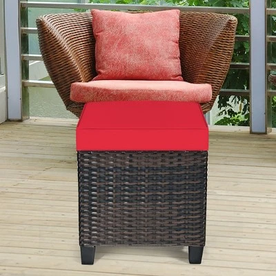 Costway 2PCS Patio Rattan Ottoman Cushioned Seat Foot Rest Coffee Table Red - Image 2