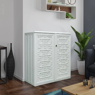 WELLFOR Outdoor HDPE Patio Storage Cabinet With 2 Shelves - Beige - Image 2