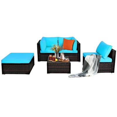Costway 5PCS Patio Rattan Sectional Conversation Set Ottoman Turquoise - Image 7