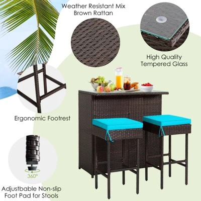 Tangkula 3PCS Patio Wicker Rattan Bar Set Table W/2 Turquoise Cushioned Stools - Image 6