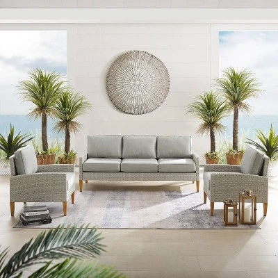 Capella Outdoor Wicker 3 Pc Sofa And Two Chair Set - Gray/Acorn - Crosley - Image 5