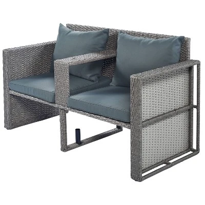 2pc Outdoor Wicker Conversation Sectional Set With Cushions & Half-Moon Side Table For Umbrella - Gray - GODEER - Image 11
