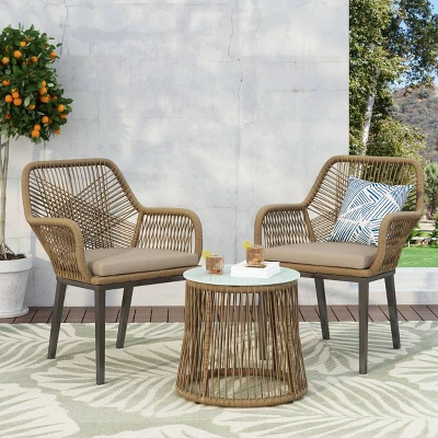 Russel 3pc Outdoor Wicker 2 Seater Chat Set - Light Brown/Beige - Christopher Knight Home