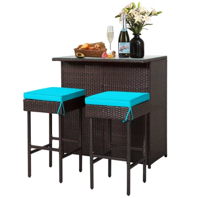 Tangkula 3PCS Patio Wicker Rattan Bar Set Table W/2 Turquoise Cushioned Stools - Image 8
