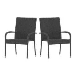 Merrick Lane Set Of Indoor/Outdoor Black Wicker Patio Chairs With Powder Coated Steel Frame, Comfortably Curved Back And Arms