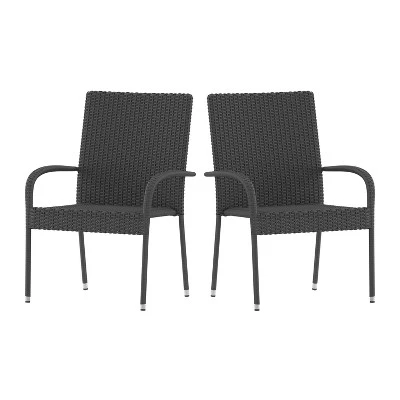 Merrick Lane Set Of Indoor/Outdoor Black Wicker Patio Chairs With Powder Coated Steel Frame, Comfortably Curved Back And Arms