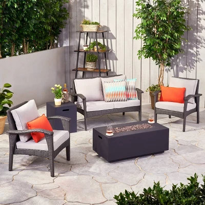 Kalo 5pc Wicker Chat Set With Fire Table - Gray/Light Gray/Dark Gray - Christopher Knight Home