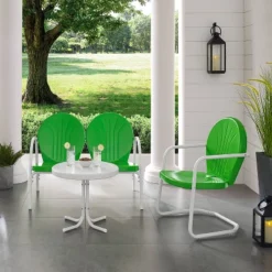 Griffith 3pc Outdoor Conversation Set With Loveseat, Chair & Accent Table - Kelly Green - Crosley