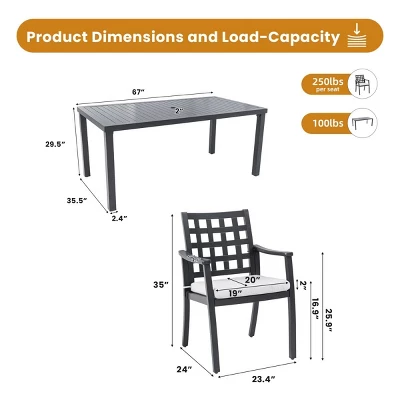 7 Piece Outdoor Patio Dining Set With Rectangular Table And Six Stationary Chairs Cast Aluminum Weather Resistant Sunbrella Cushions-Maison Boucle - Image 3