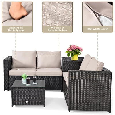Costway 4PCS Outdoor Patio Rattan Furniture Set Cushioned Loveseat Storage Table - Image 7