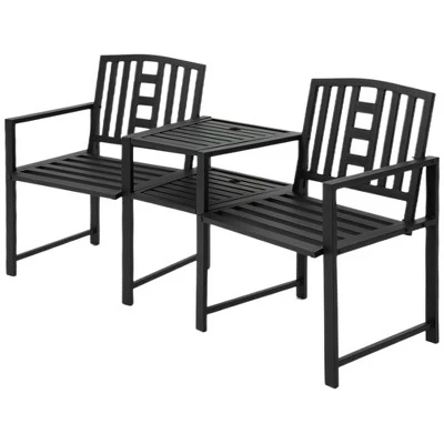 Outsunny Metal Garden Bench With Middle Table And Umbrella Hole, 2-in-1 Double Patio Chairs, Outdoor 2-person Tete-a-Tete, Slatted, Black - Image 3