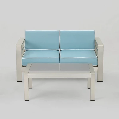 Cape Coral 2pc Aluminum Patio Loveseat & Coffee Table Set - Light Teal - Christopher Knight Home