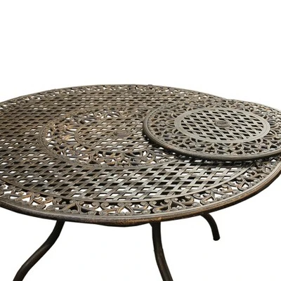 59" Round Ornate Traditional Outdoor Mesh Lattice Aluminum Dining Table With Lazy Susan - Bronze - Oakland Living