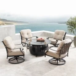 Oakland Living 5pc Deep Seating Swivel Aluminum Outdoor Patio Fire Pit Dining Set With Round Fire Table With Stripe Patterned Lid Copper