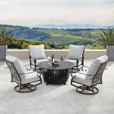 5pc Set With 44" Outdoor Aluminum Round Fire Table & 4 Deep Seating Swivel Rocking Chairs & Wind Blocker Lid - Oakland Living
