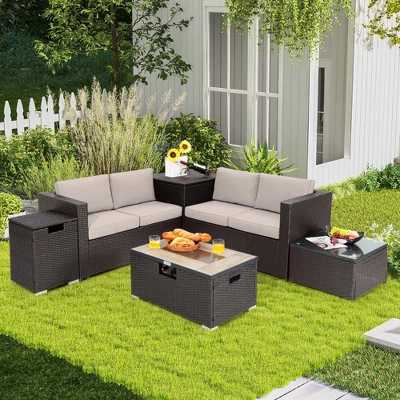 Costway 6PCS Patio Rattan Furniture Set 32'' Fire Pit Table Tank Holder With Cover Beige/Navy/Red/Turquoise - Image 13