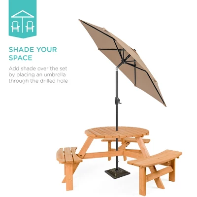Best Choice Products 6-Person Circular Outdoor Wooden Picnic Table W/ 3 Built-In Benches, Umbrella Hole - Image 3