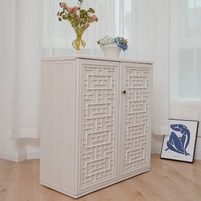 WELLFOR Outdoor HDPE Patio Storage Cabinet With 2 Shelves - Beige - Image 4