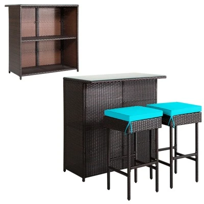 Tangkula 3PCS Patio Wicker Rattan Bar Set Table W/2 Turquoise Cushioned Stools - Image 9