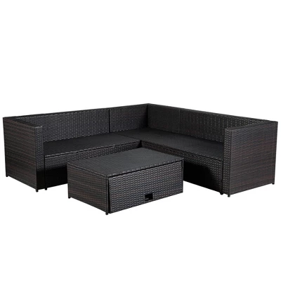 4pc Wicker Patio Sectional Seating Set With Cushions - Brown/Blue - GODEER - Image 11