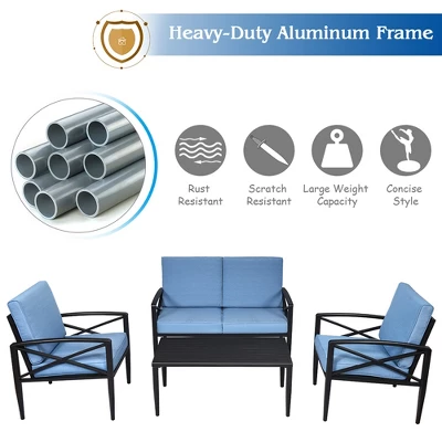 Costway 4PCS Patio Furniture Set Aluminum Frame Cushioned Sofa Chair Coffee Table Blue - Image 4