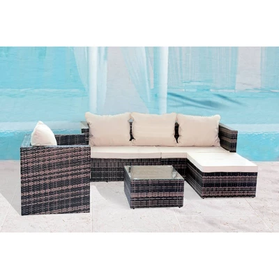 4pc Wicker Patio Sectional Seating Set With Sofa, Arm Chair, Ottoman & Accent Table - Brown/Beige - GODEER - Image 2