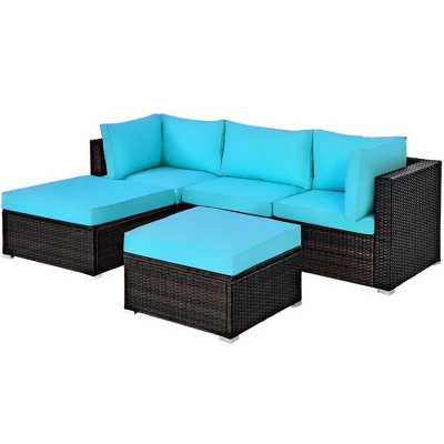 Costway 5PCS Patio Rattan Sectional Conversation Set Ottoman Turquoise