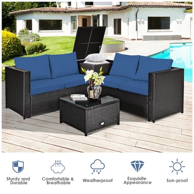 Costway 8PCS Outdoor Patio Rattan Furniture Set Cushioned Loveseat Storage Table Navy - Image 6