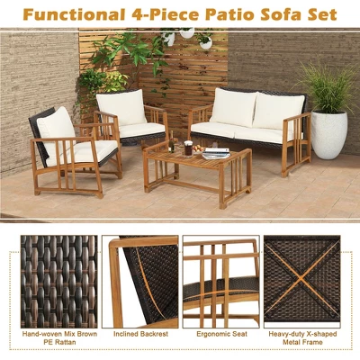Costway 8PCS Patio Mix Brown Wicker Sofa Set Acacia Wood Frame With Seat & Back Cushions - Image 8