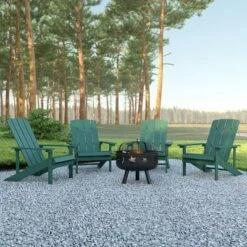 Emma And Oliver Five Piece Hartford Camping Set With Two Faux Wood Adirondack Chairs And Star And Moon Fire Pit With Mesh Cover