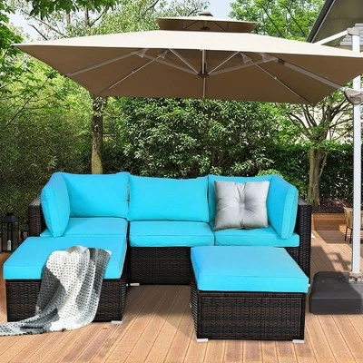 Costway 5PCS Patio Rattan Sectional Conversation Set Ottoman Turquoise - Image 3