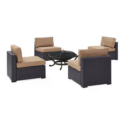 Biscayne 5pc Outdoor Wicker Conversation Set With 4 Armless Chairs & Fire Pit - Mocha - Crosley - Image 2