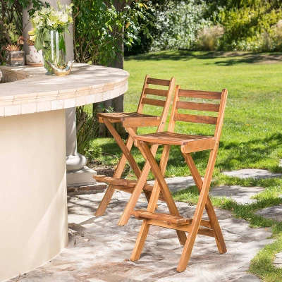 Tundra Set Of 2 Acacia Wood Folding Patio Bar Chair - Natural - Christopher Knight Home