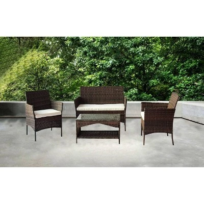 4pc Rattan Wicker Outdoor Lounge Chair With Cushions - Brown/Beige - GODEER - Image 3