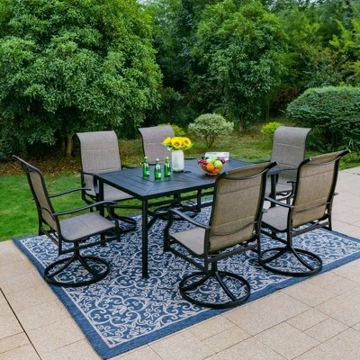 7pc Outdoor Dining Set With With Padded Sling Chairs & Metal Rectangle Table With Umbrella Hole - Captiva Designs - Image 11