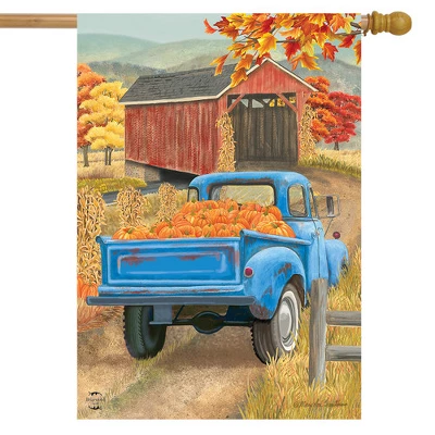 Autumn Bridge Truck House Flag Fall Pumpkins Country 28" X 40" Briarwood Lane