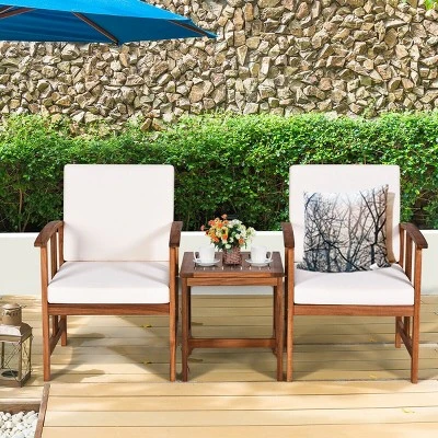 Costway 3PC Outdoor Patio Sofa Furniture Set Solid Wood Cushioned Conversation Set White - Image 2