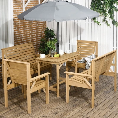 Outsunny 5 Piece Patio Furniture, 6 Seat Outdoor Dining Set, Natural Wood Dinner Table, 2 Chairs, Loveseats With Armrests & Umbrella Hole, Light Brown - Image 2