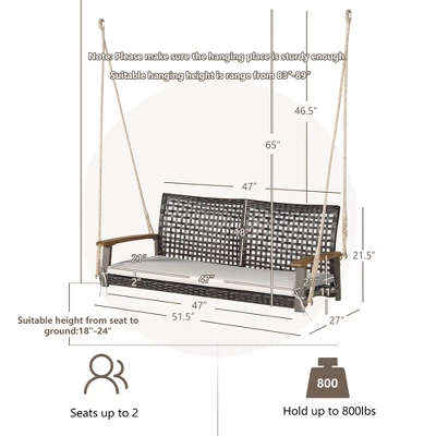 Tangkula 2-Seat Rattan Porch Swing Chair Outdoor Wicker Swing Bench W/ Seat Cushion - Image 8