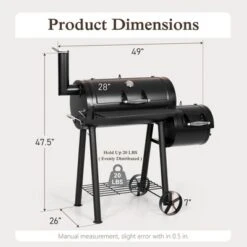 Captiva Designs Charcoal Grill With Offset Smoker - All-Metal Steel Construction, 512 Sq. In. Cooking Area For Outdoor Cooking