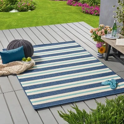 Ronan Geometric Outdoor Rug Blue/Ivory - Christopher Knight Home - Image 2